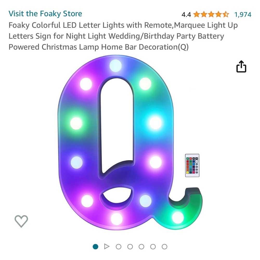 LED Colorful light with remote.  Letter is Q for your Queen. Great for any space